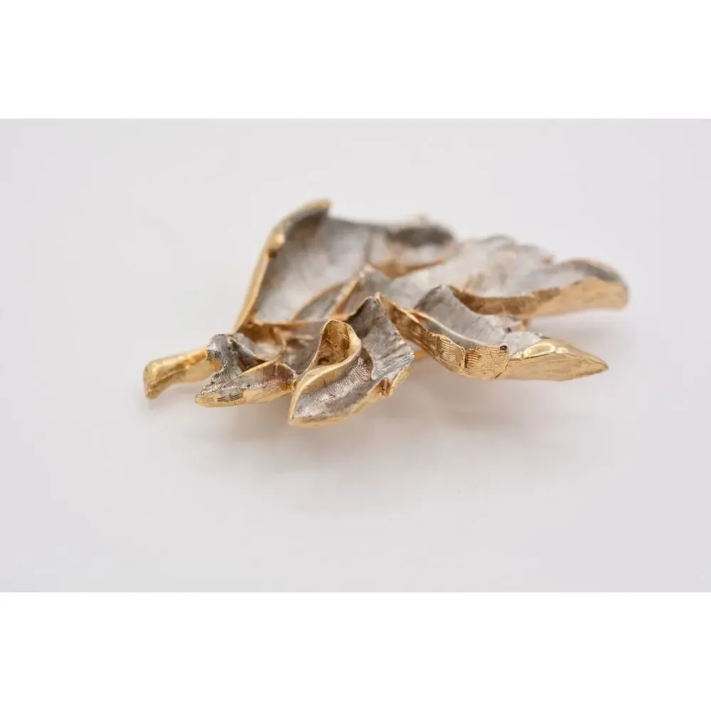 Vintage Leaf Pin Brooch Dark Silver Gold Textured Heavy Chunky 1980s BinAP